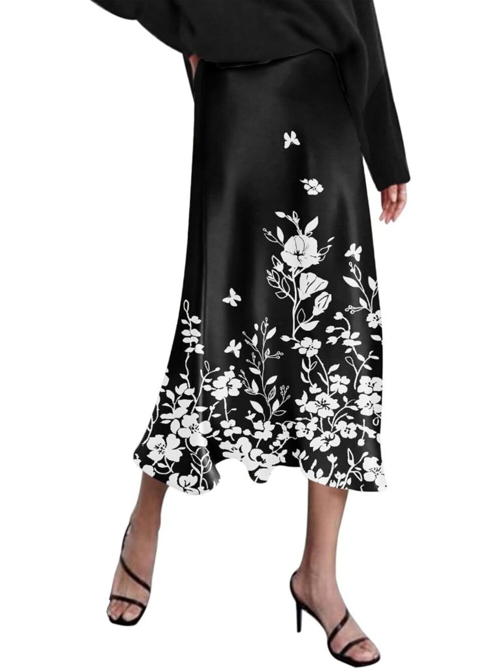 Women Black Floral High Waisted Satin Dress Zipper Silky Slip A-Line Midi Skirt
